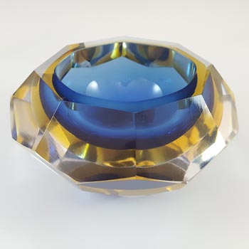 Murano Faceted Blue & Amber Sommerso Glass Block Bowl