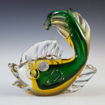Murano / Venetian Green & Amber Sommerso Glass Fish Sculpture