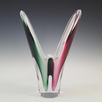 SIGNED Flygsfors Coquille Pink & Green Glass Vase by Paul Kedelv