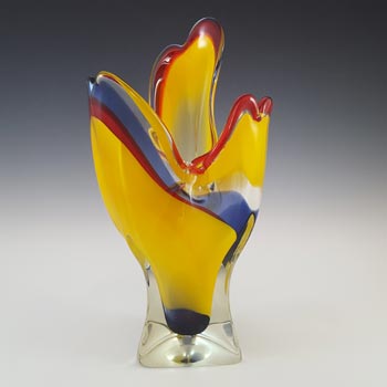 Iwatsu Japanese \'Best Art Glass\' Yellow, Blue & Red Vase