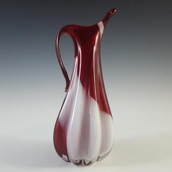 Japanese Red & White Striped Vintage Ribbed Glass Vase / Jug