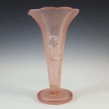 Art Deco Vintage Pink Frosted Glass Oriental Lady Vase