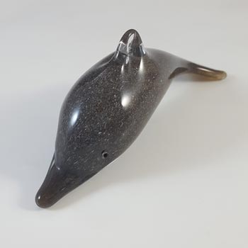 SIGNED Langham Vintage Speckled Grey Glass Dolphin Sculpture