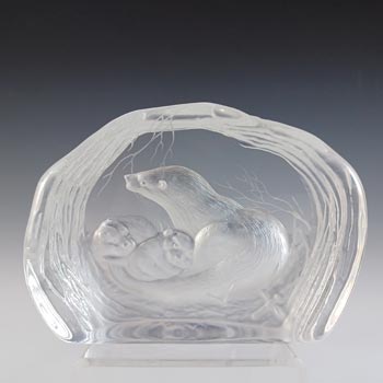 SIGNED Vintage Clear Glass Otters Paperweight Sculpture