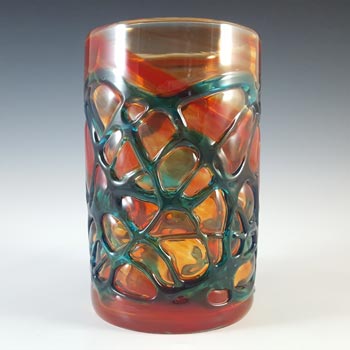 SIGNED Mdina Maltese Red & Blue Threaded Glass Vase