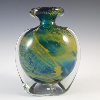 SIGNED Mdina Maltese Blue & Yellow Vintage Glass \'Side Stripe\' Vase
