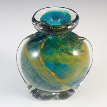 SIGNED Mdina Maltese Blue & Yellow Vintage Glass 'Side Stripe' Vase