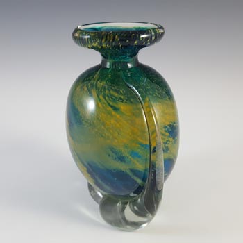 SIGNED Mdina Maltese Blue & Yellow Vintage Glass 'Side Stripe' Vase