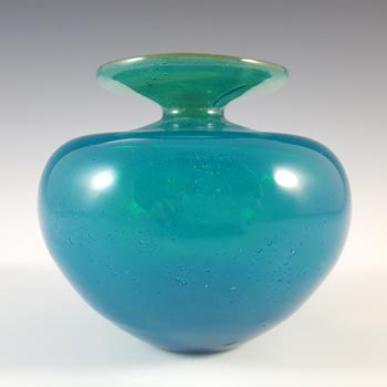 SIGNED Mdina Maltese Blue & Yellow Vintage Glass Squat Vase