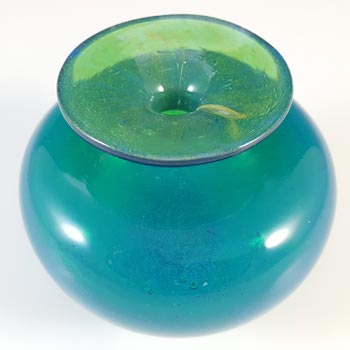 SIGNED Mdina Maltese Blue & Yellow Vintage Glass Squat Vase