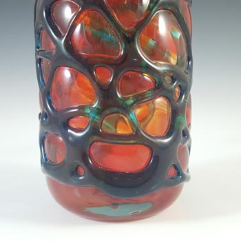 SIGNED Mdina Vintage Red & Blue Threaded Glass Vase