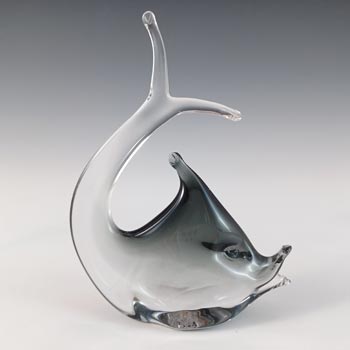 Murano Smoky Black & Clear Glass Fish Sculpture - Labelled