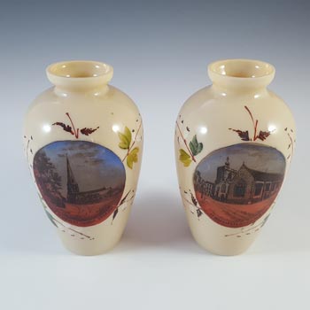 Pair of Victorian Hand Painted / Enamelled Glass Church Vases