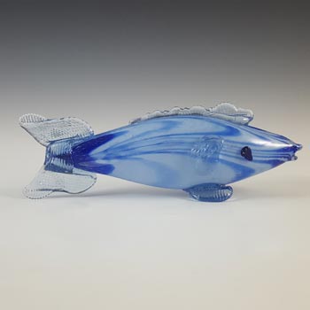 LABELLED Romanian Retro Blue & White Glass Fish Sculpture