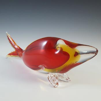 Aldo Bon Large Murano Red & Amber Sommerso Glass Fish Sculpture