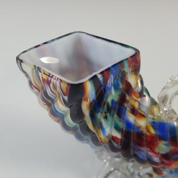 Welz Bohemian Black, Red, Blue & White Spatter Glass Horn Vase