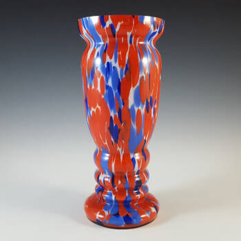 Czech Red, Blue & White Spatter / Splatter Glass Vase