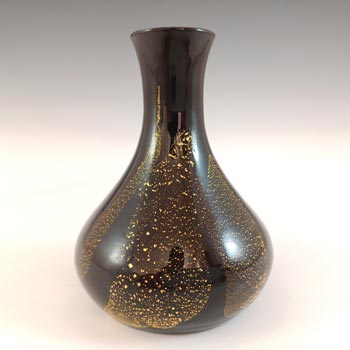 Stuart Strathearn Black & Gold Leaf Vintage 1980\'s Glass Vase