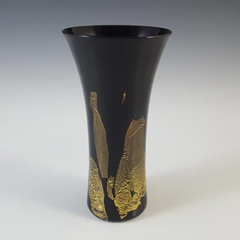 MARKED Stuart Strathearn Black & Gold Leaf Vintage Glass Vase