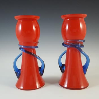 Czech / Bohemian Pair of Red & Blue Tango Glass Vases