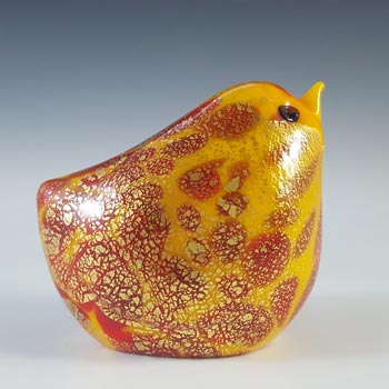 LABELLED Murano Yellow, Red & Gold Leaf Glass Bird Sculpture