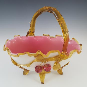 Victorian Uranium Custard Glass Amber, Red & Ivory Cherry Basket Bowl