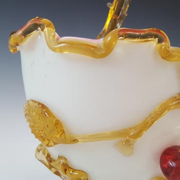 Victorian Uranium Custard Glass Amber, Red & Ivory Cherry Basket Bowl