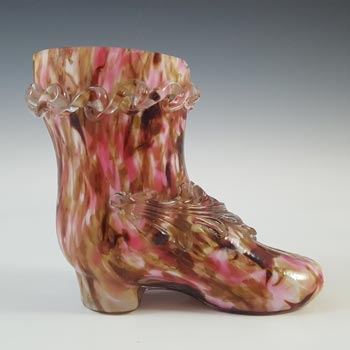 Welz Bohemian Pink & Brown Spatter Glass Shoe Vase