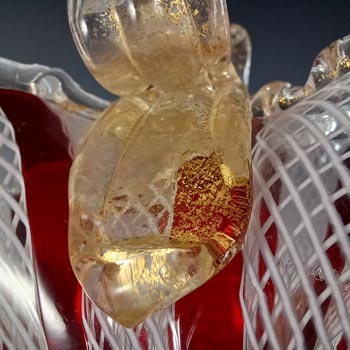 Murano Red & White Glass Zanfirico & Gold Leaf Basket Bowl