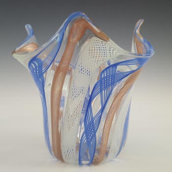 Murano Blue, White & Aventurine Glass Zanfirico Fazzoletto Vase