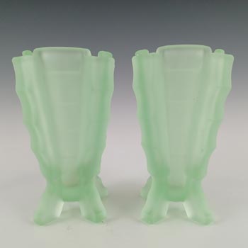 Bagley #3007 Art Deco Pair of Uranium Green Glass 'Bamboo' Vases