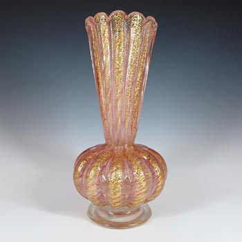 LARGE Barovier & Toso Murano Cordonato d'Oro Gold Leaf Pink Glass Vase