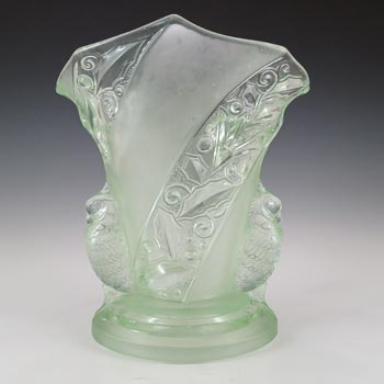 Brockwitz #6925 Art Deco Uranium Green Glass \'Parakeet\' Bird Vase
