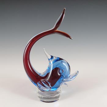 Murano Venetian Red & Blue Sommerso Glass Fish Sculpture