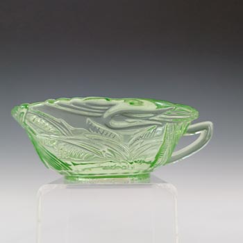 Art Deco 1930's Uranium Green Glass Heron Bird Bowl