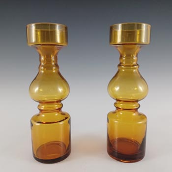 Japanese Pair of Amber Retro Hooped Glass Vases / Candle Holders