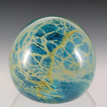 SIGNED Mdina \'Blue Crizzle\' Maltese Blue & Yellow Glass Paperweight