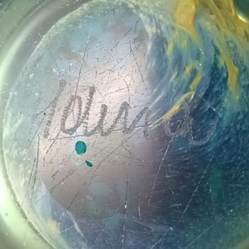 SIGNED Mdina 'Blue Crizzle' Maltese Blue & Yellow Glass Paperweight