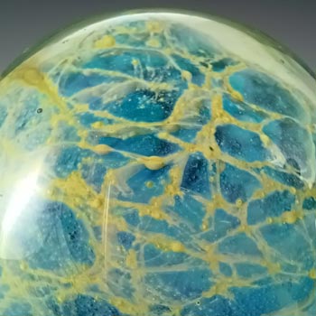 SIGNED Mdina 'Blue Crizzle' Maltese Blue & Yellow Glass Paperweight