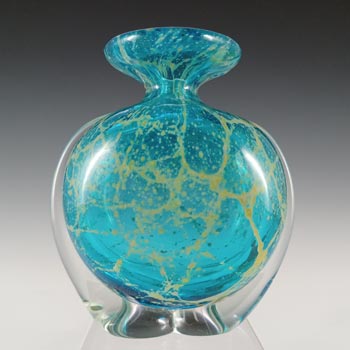 SIGNED Mdina \'Blue Crizzle\' Maltese Blue & Yellow Glass \'Side Stripe\' Vase