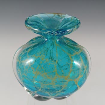 SIGNED Mdina 'Blue Crizzle' Maltese Blue & Yellow Glass 'Side Stripe' Vase