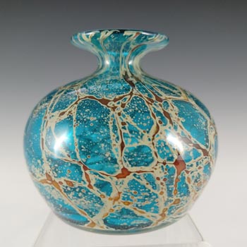 SIGNED Mdina \'Blue Crizzle\' Maltese Blue & Yellow Glass Vintage Vase