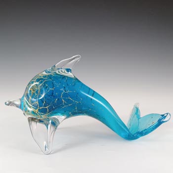 SIGNED Mdina \'Blue Crizzle\' Maltese Blue & Yellow Glass Fish