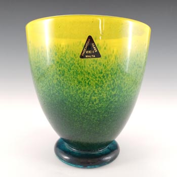 LABELLED Phoenician LARGE Vintage Yellow & Blue Glass Vase