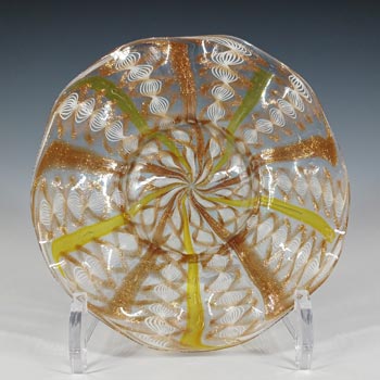 Salviati Murano Zanfirico & Copper Aventurine Yellow Glass Plate