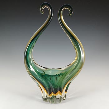Murano / Venetian Blue & Amber Sommerso Glass Basket Vase