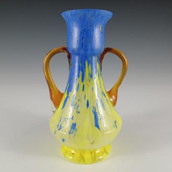 Czech Vintage Blue & Yellow Spatter Glass Vase