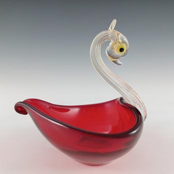 AVEM Murano / Venetian Red Glass & Gold Leaf Vintage Swan Bowl