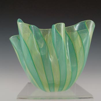 MARKED Venini Murano Green & Yellow Glass Zanfirico Fazzoletto Vase