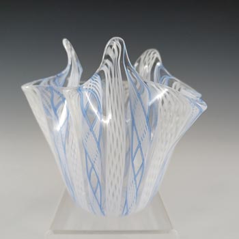 Murano Blue & White Zanfirico Glass Fazzoletto Handkerchief Vase